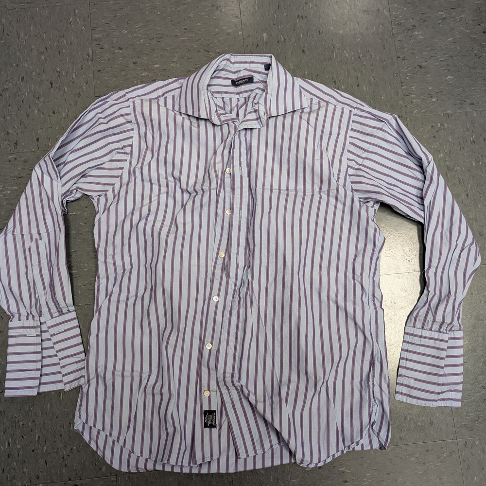 Burberry Men's Purple and White Striped Button-Down Shirt